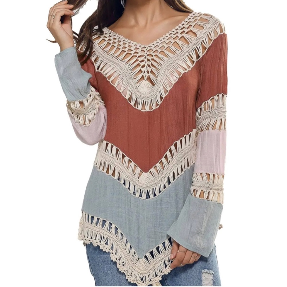 Boho Crochet Long Sleeve Top Beach Cover-up Size medium